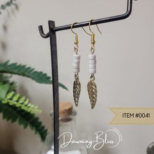 Classic, Simple White and Gold Dangle Earring with Leaf Charm- Tineka Dawn